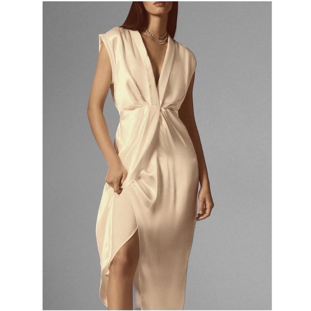 By Anthropologie V-Neck Twist Front Midi Dress Cream Champagne Sz 6